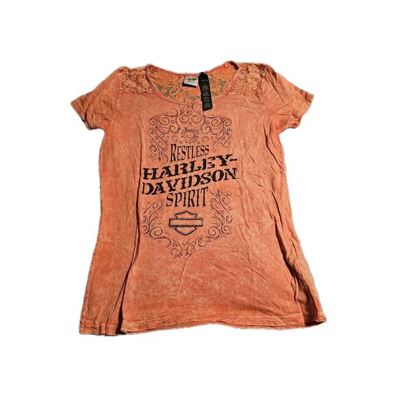Harley Davidson Sz L Restless Spirit Short Sleeve Lace Stud Tee Coral Pink USA - Picture 1 of 5